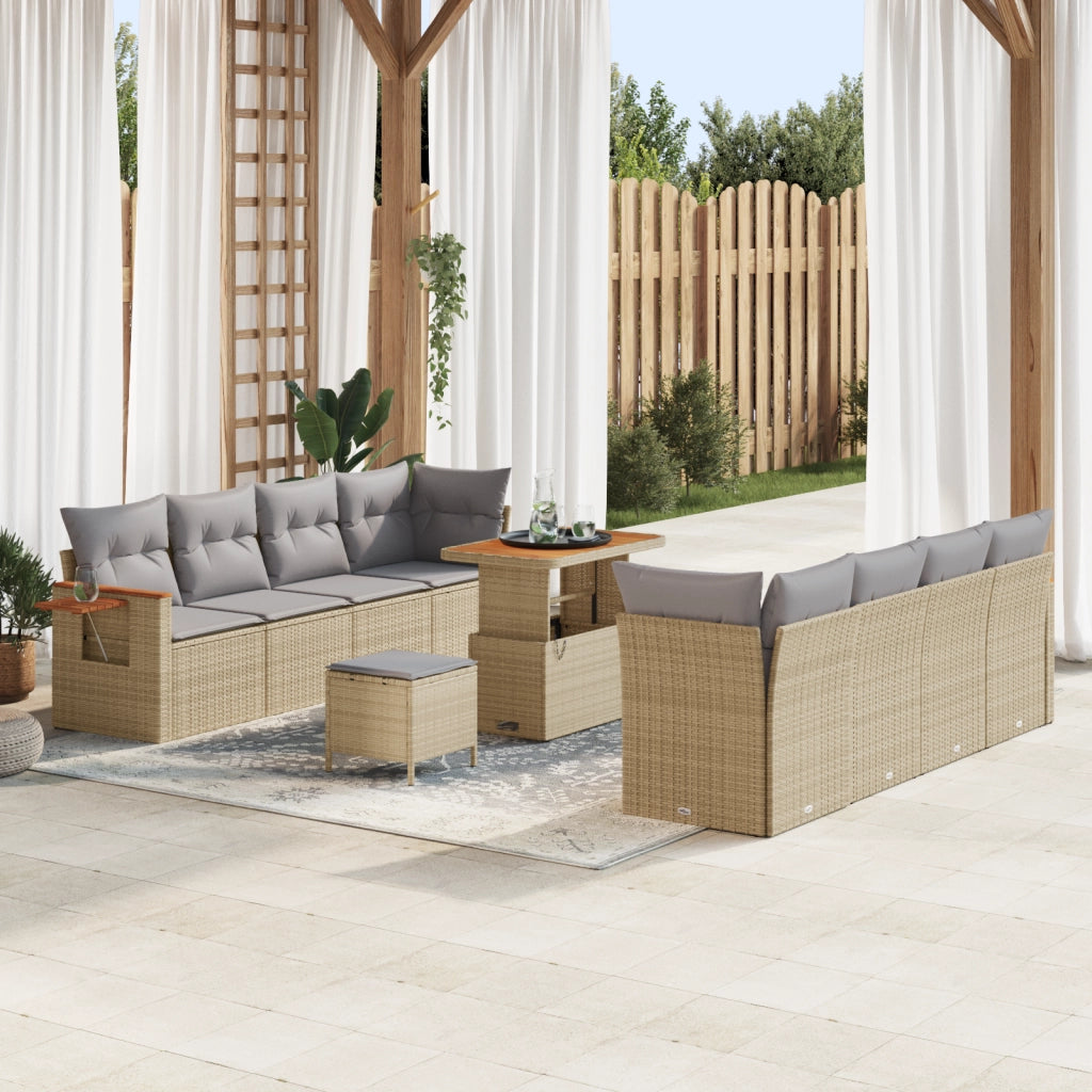 Set di SofÃ  da Giardino  da 11 Pezzi con Cuscini Polirattan Beige Acacia