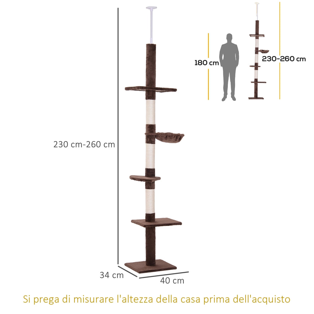 Albero Tiragraffi per Gatti a Soffitto con Amaca ¨C Zephmum ¨C Marrone 40x34x230-260cm