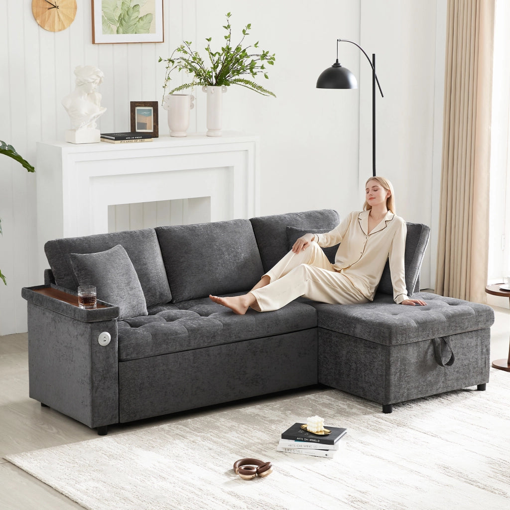 Divano angolare convertibile in chenille con funzione letto, contenitore, USB e portabicchieri per soggiorno grigio scuro