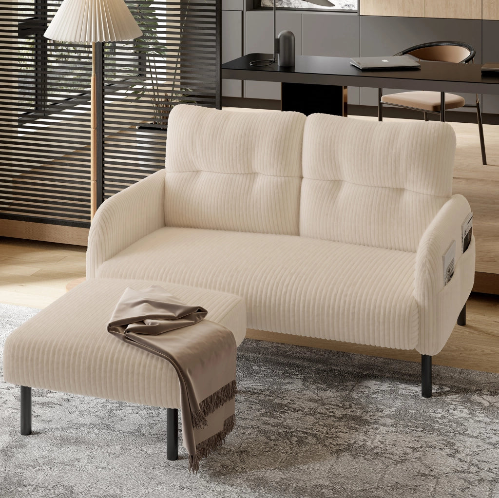 Divano 2 posti in velluto a coste con tasca laterale; 120 x 75 x 79 cm; beige