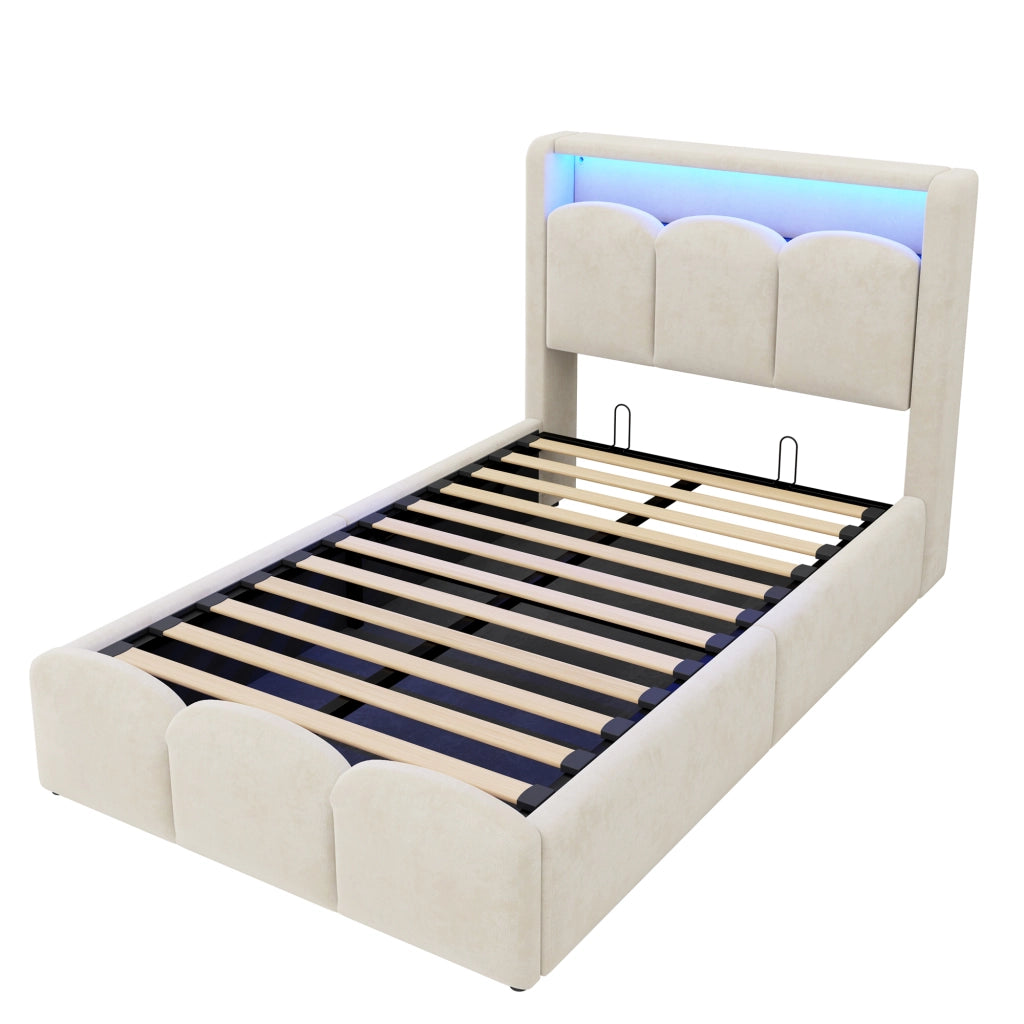 Letto singolo imbottito 90x200 in velluto beige con contenitore idraulico; LED e prese USB