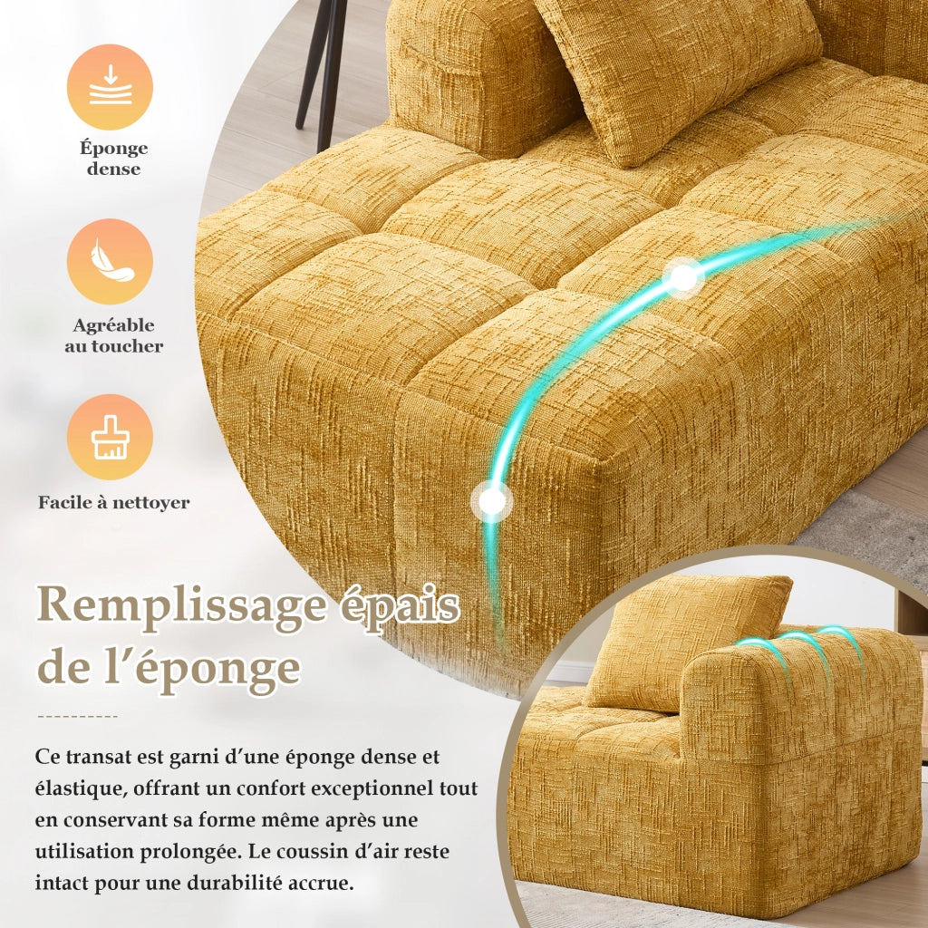 Chaise Longue 1 Posto con Cuscino e Tasche Laterali; Seduta Morbida e Rimbalzo Rapido in Ciniglia Giallo