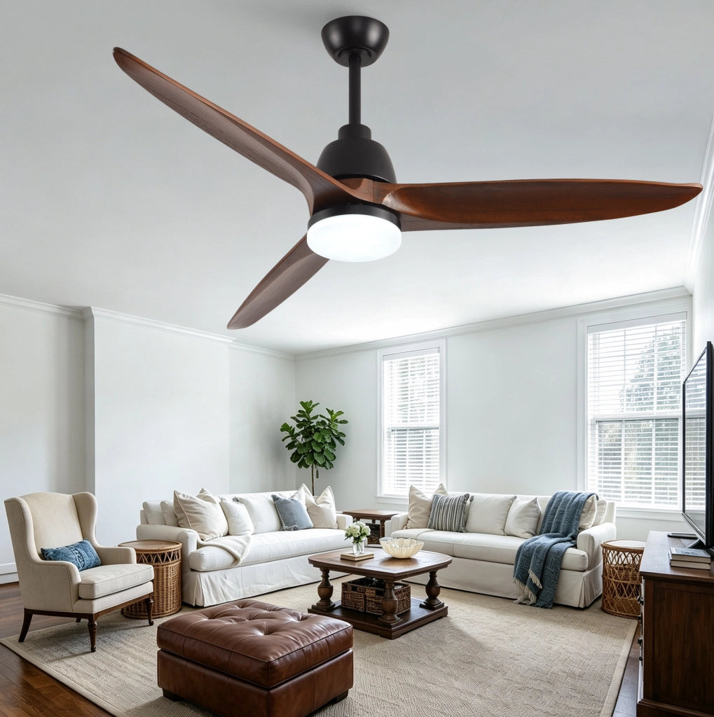 Ventilatore da soffitto 52 pollici con luce LED dimmerabile; 3 pale in legno; noce e nero