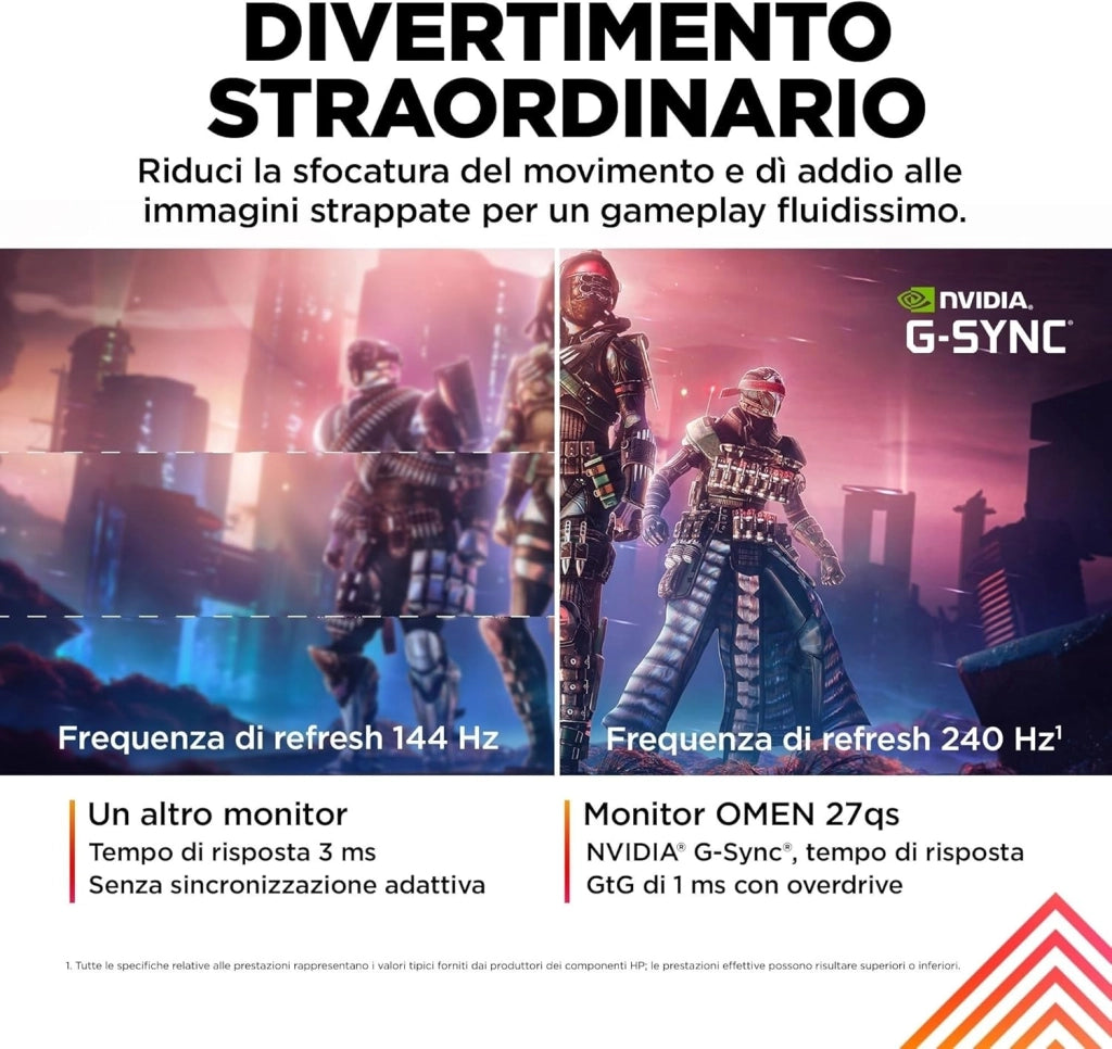 OMEN 27qs Monitor da 27 Pollici, Pannello IPS da 16:9 QHD da 240 Hz, 1 ms, Display HDR 400, Antiriflesso, 400 Nits, AMD FreeSync, NVIDIA G-SYNC, VESA 100x100 mm, HDMI 2.0, USB-A e B