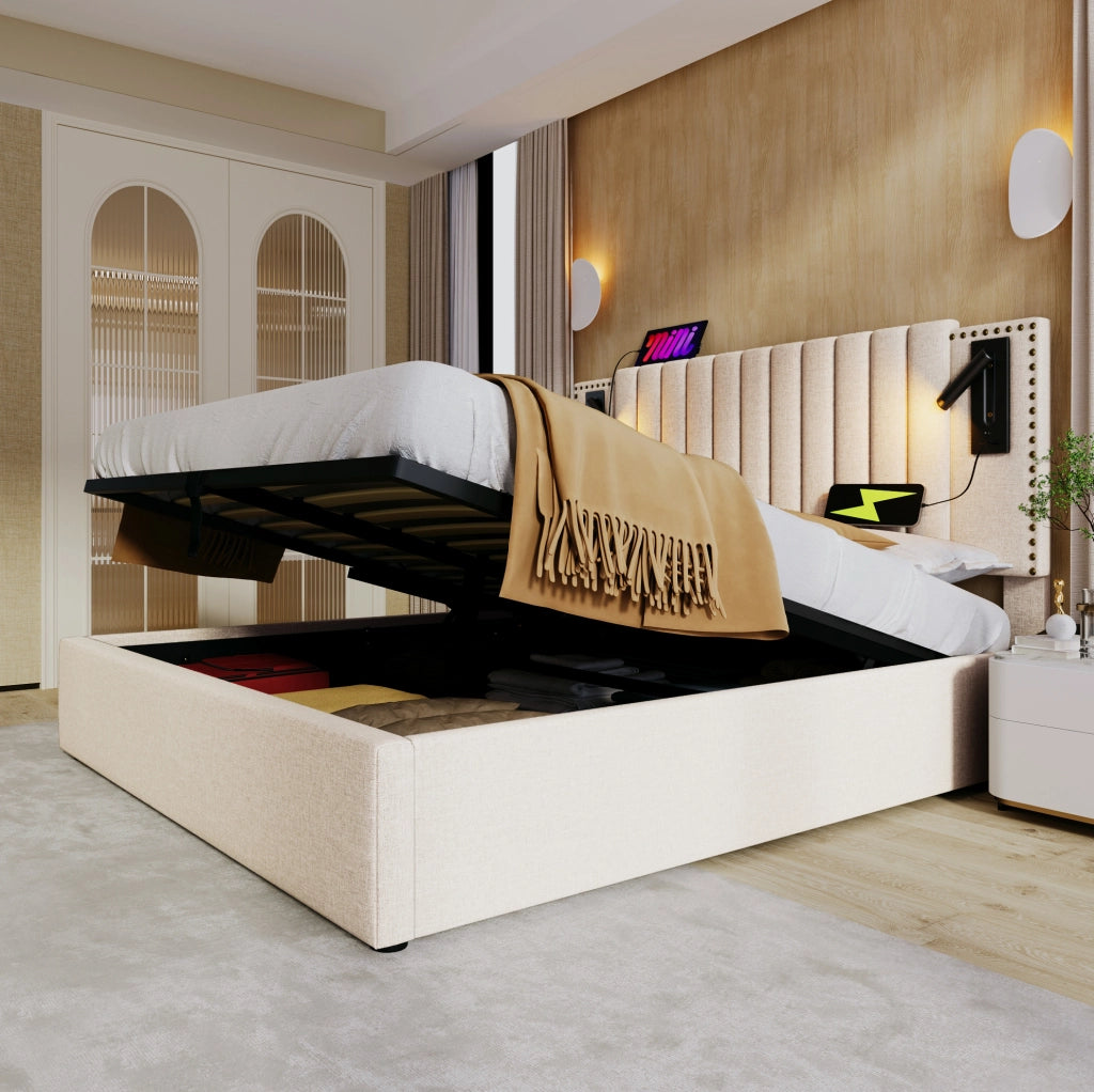 Letto matrimoniale contenitore 140x200 cm in cotone beige con testiera regolabile; luci lettura e USB