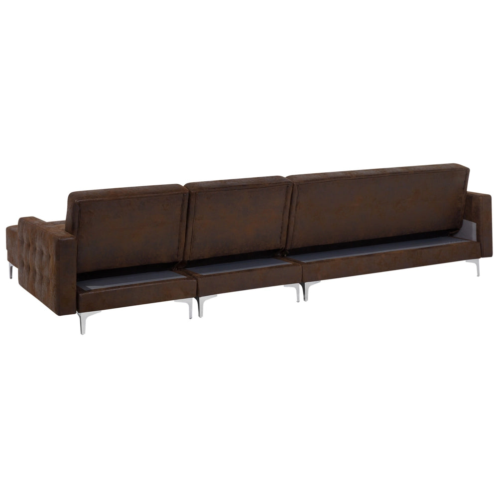 Divano letto angolare in ecopelle marrone capitonné moderno a forma di L modulare a 4 posti con ottomana chaise longue versione destra