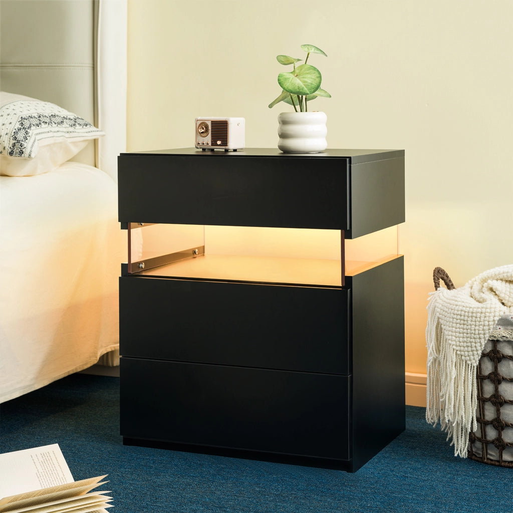 Comodino con LED e 3 cassetti, in legno ingegnerizzato, per camera da letto e soggiorno, nero, 60 × 46 × 22 cm