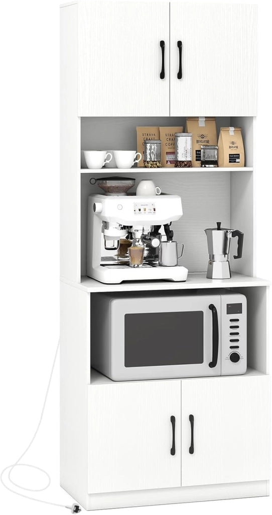 Armadietto portaoggetti con prese elettriche, credenza da cucina stretta, indipendente, a 4 porte, forno a microonde e 2 ripiani regolabili, mobile di immagazzinaggio per soggiorno e sala da