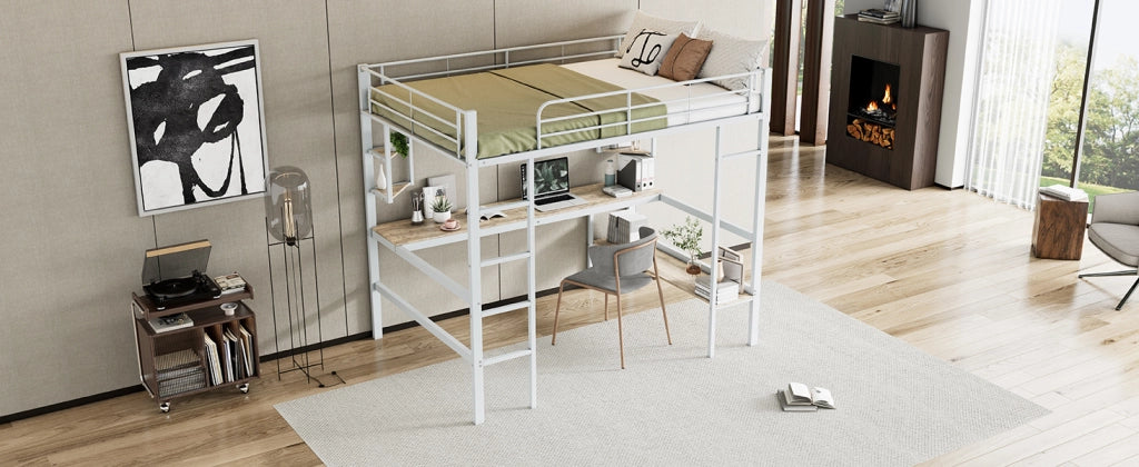 DESMIU Letto a soppalco 2 posti con scrivania, 4 ripiani e libreria 140 × 200 cm, senza materasso, metallo bianco