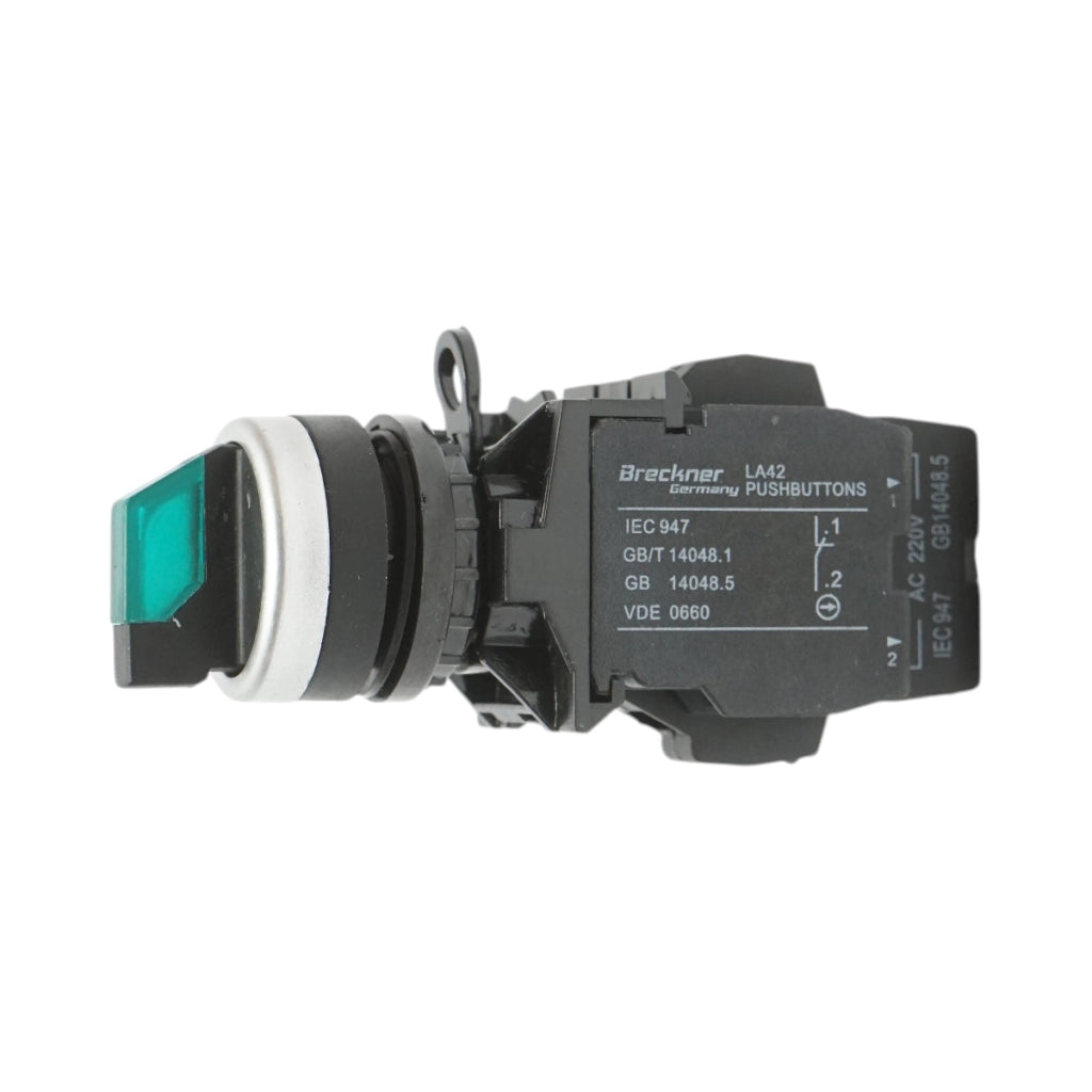 Selettore luminoso 220V AC LED verde con 2 posizioni 1NO+1NC, 10A/600V AC, 1A/250V DC LA42 Breckner Germany