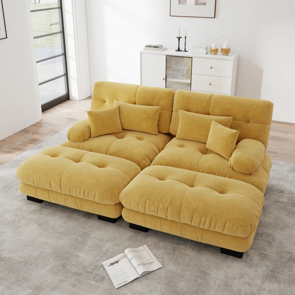 Divano angolare modulare in chenille con cuscini lombari e pouf mobili, stile cloud giallo 220 × 145 × 81 cm