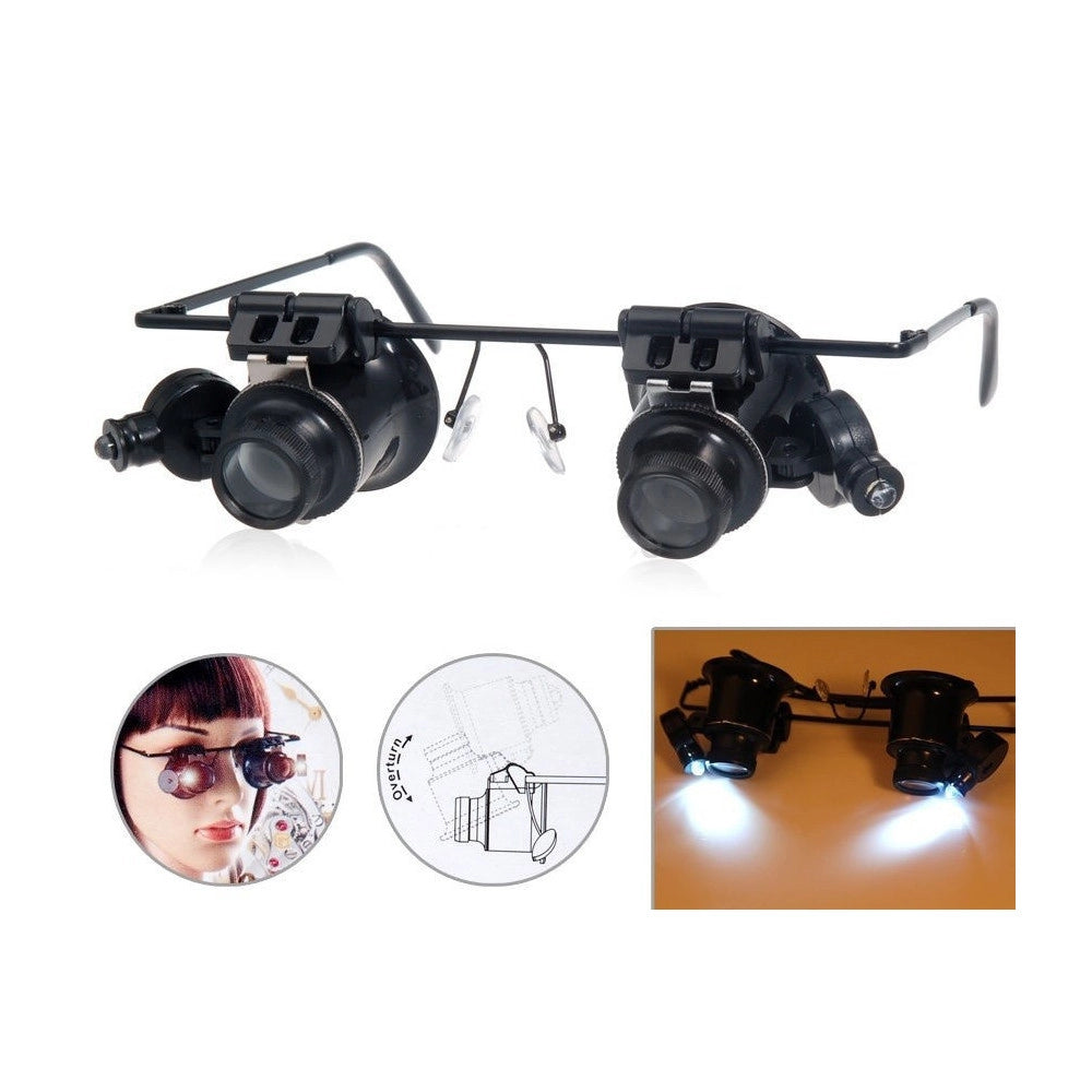 Trade Shop - Occhiali Lente Ingrandimento 20 X Di Precisione Oculari 4 Lenti Luci Led 9892a -