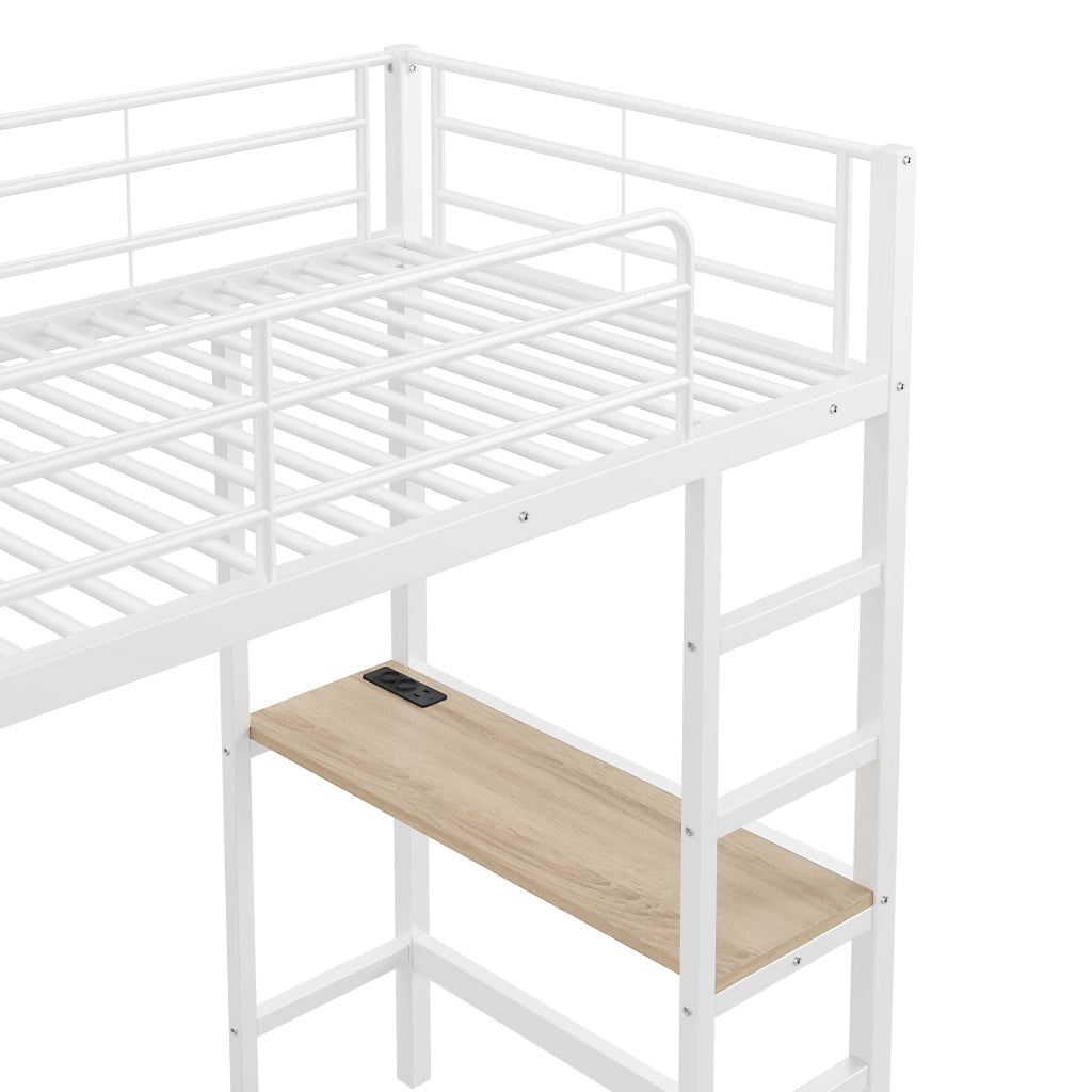 LETTO a soppalco con scrivania 90x200 cm metallo bianco, ripiani aperti