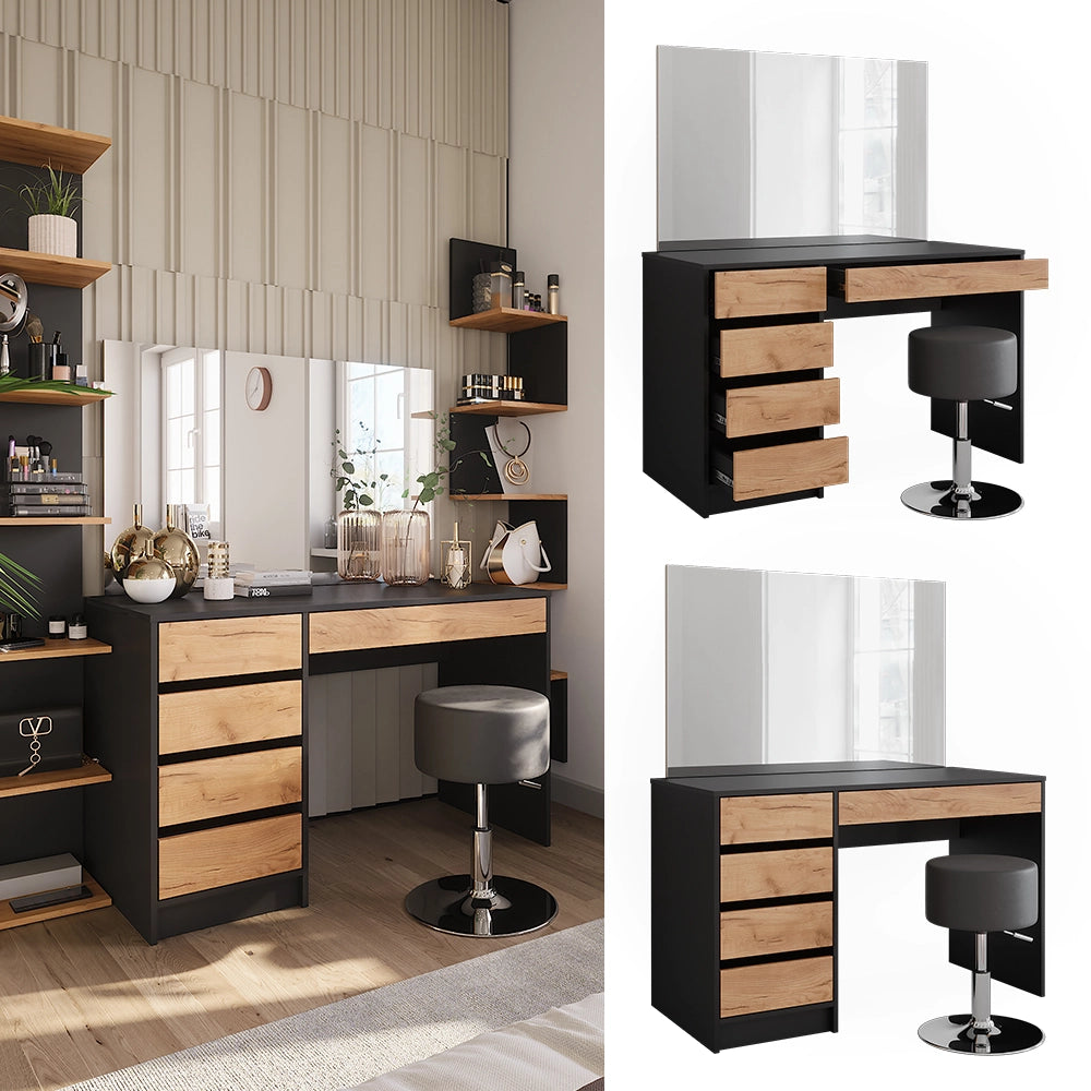 Vicco Tavolino da toilette Antracite/quercia dorata 120 x 75 cm con specchio e sgabello
