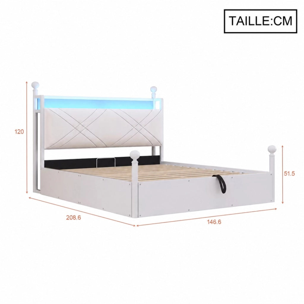 DESMIU Letto a baldacchino 140 × 190 cm 2 posti con vano contenitore, LED, USB e Type-C, senza materasso, bianco