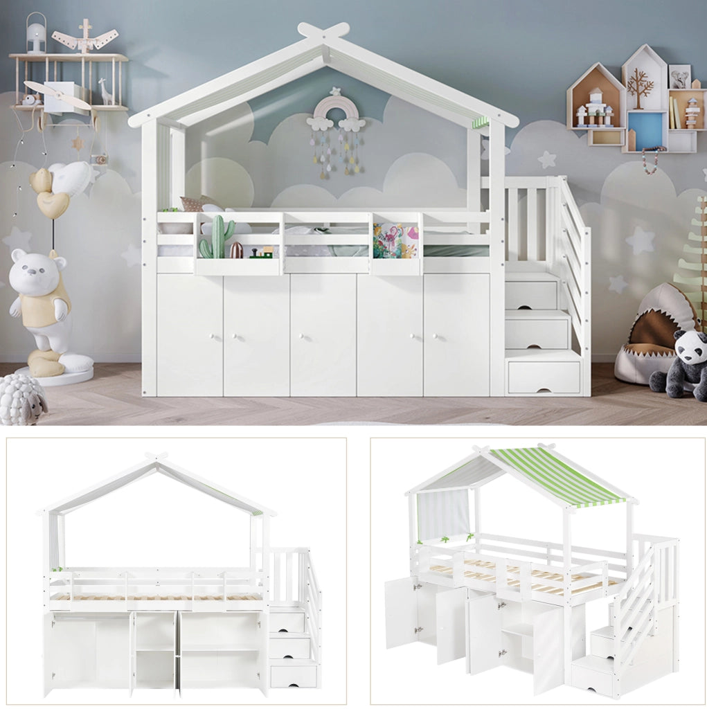 Letto a castello per bambini 90x200 cm con scala contenitore; armadio e vani portaoggetti; bianco e verde