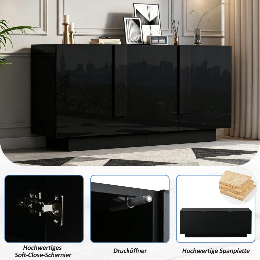 Credenza e madia a 3 ante con ripiani regolabili, finitura lucida, per soggiorno e sala da pranzo, nera 160 × 35 × 60 cm