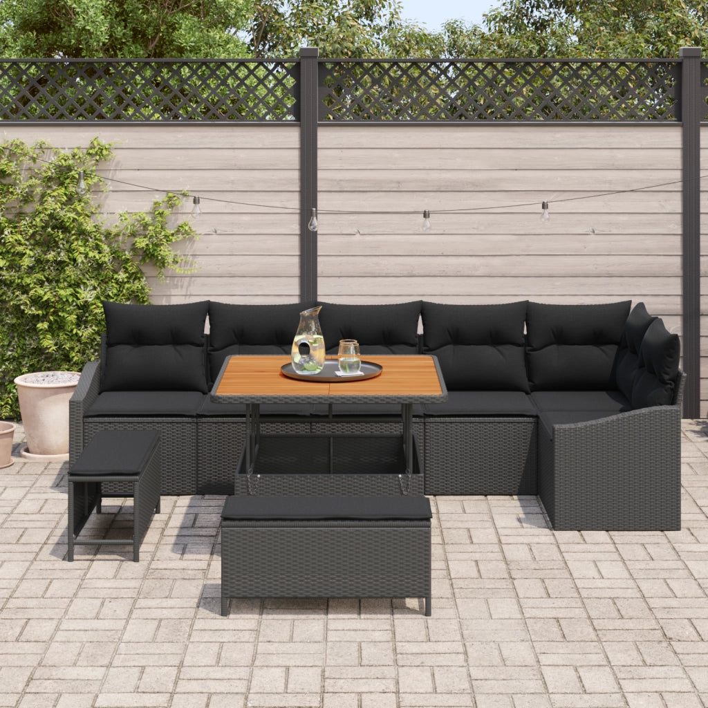Set di Divani da Giardino  9 Pezzi con Cuscini Nero Polyrattan Acacia