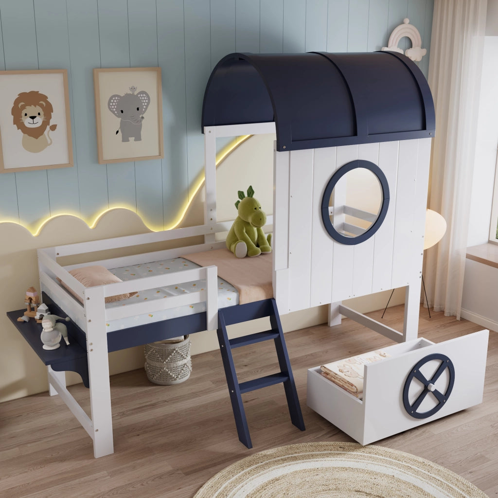 OKWISH Letto a Soppalco 90×200 cm, Letto Singolo con Cassetto con Ruote, Scala Inclinata e Tetto, senza Materasso, Bianco e Blu Scuro