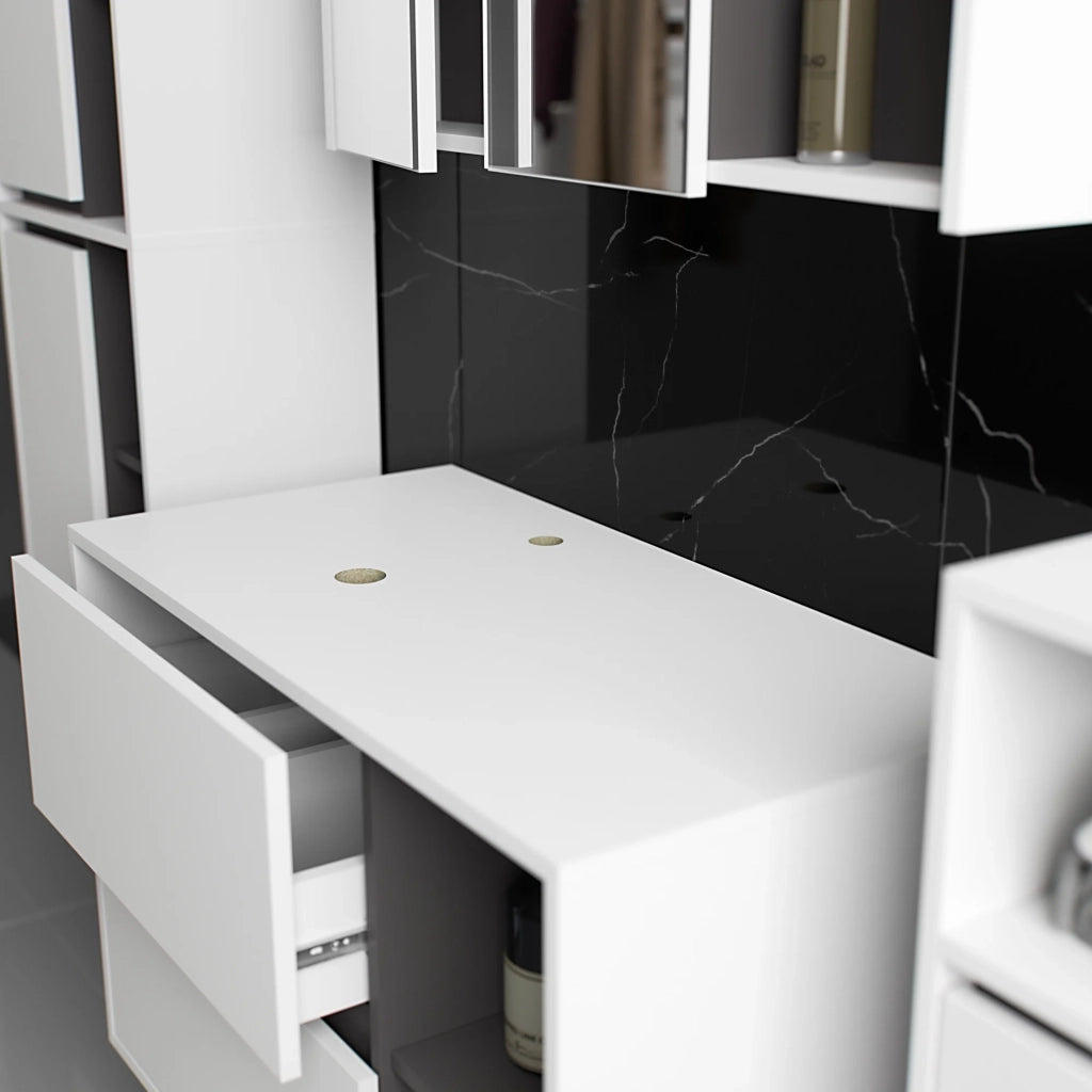 Set di mobili da bagno sospesi VAMI in Bianco con interno Grigio Grafite con fori per lavabo da appoggio