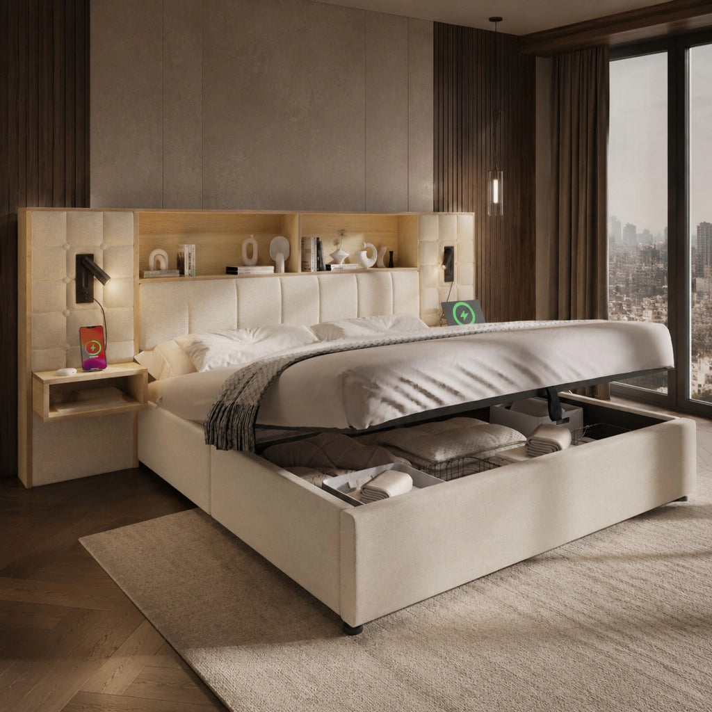 Letto Contenitore 160 x 200 cm; USB; Type-C; 2 Lampade da Lettura e 2 Comodini - Beige
