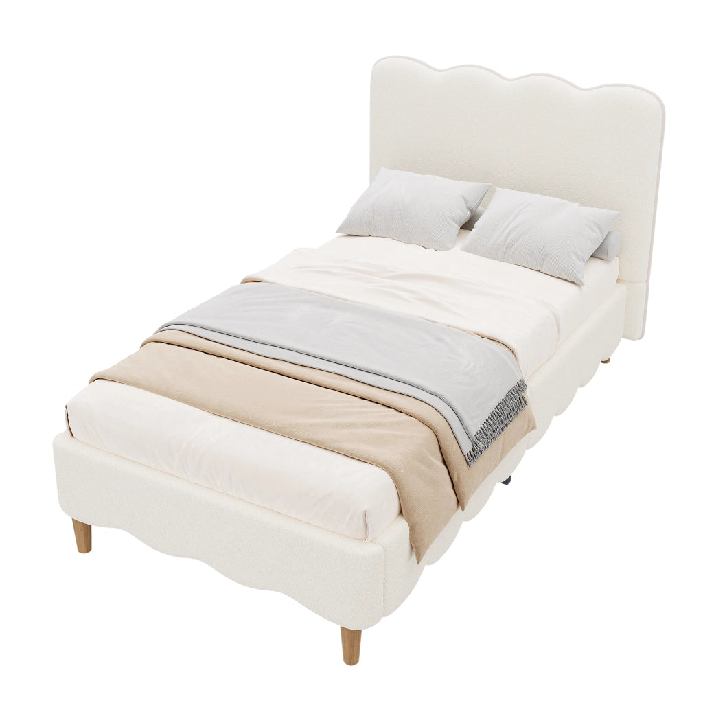 Letto singolo 90x200 cm in bouclé bianco con rete a doghe, testiera imbottita e gambe in legno massello