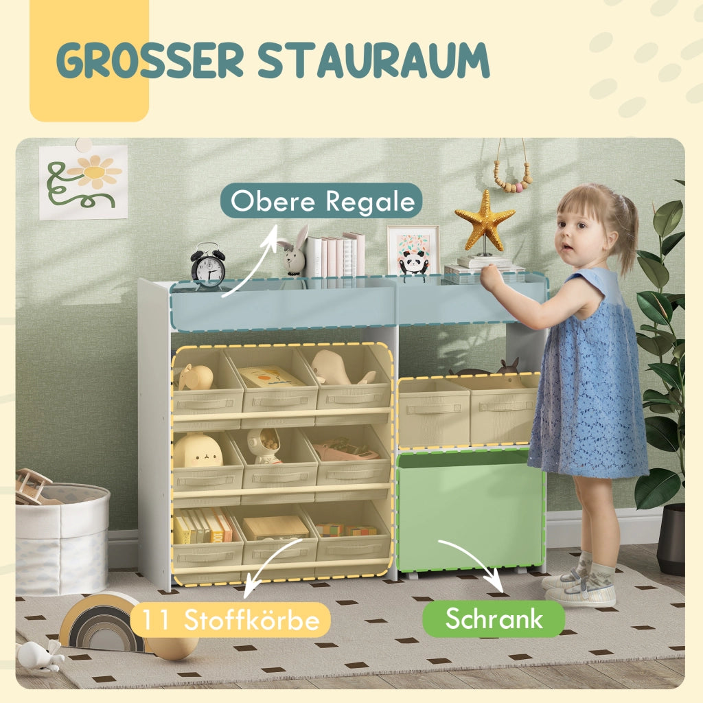 Scaffale di stoccaggio per bambini con 11 scatole di tessuto e ripiani superiori ¨C zephmum ¨C Bianco