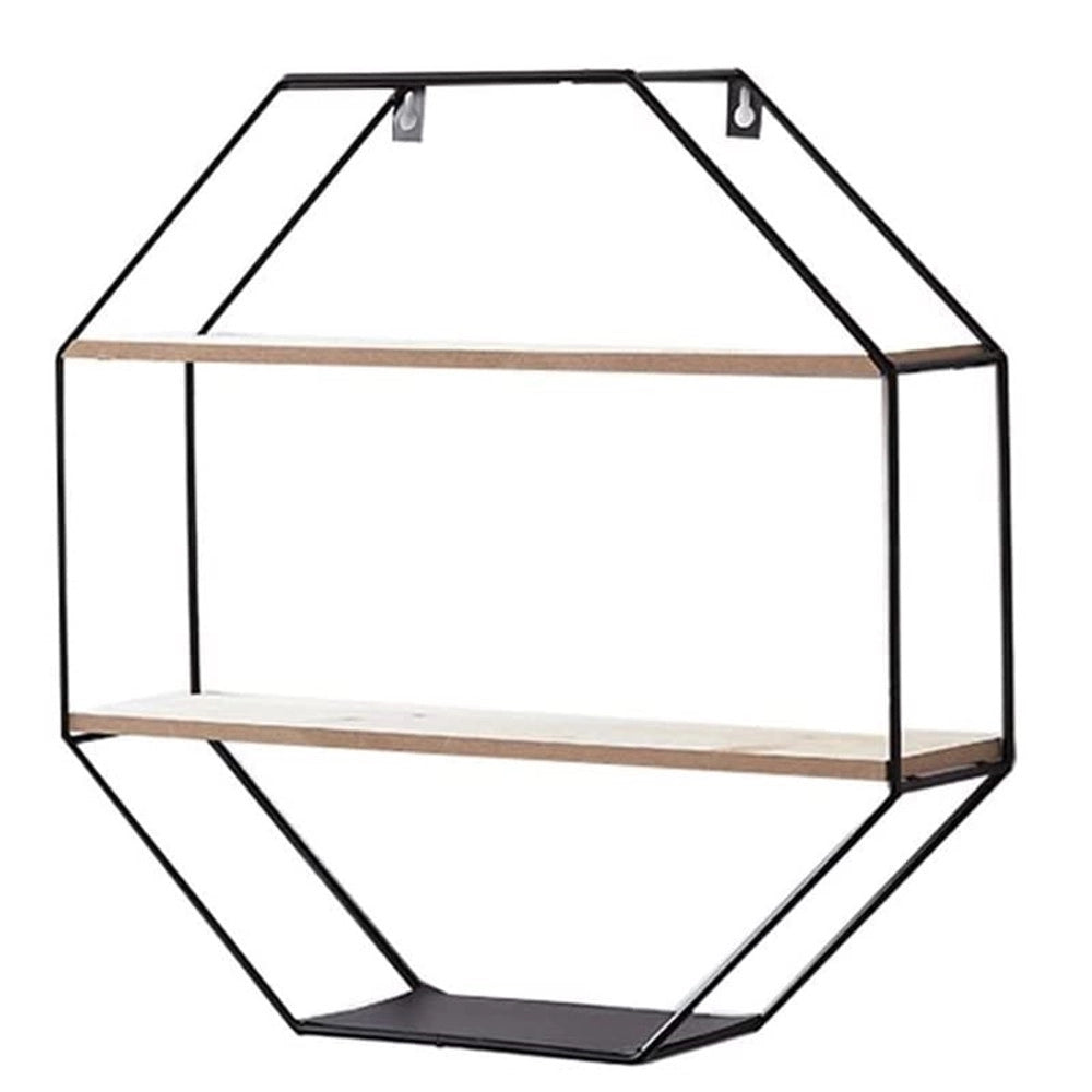 Trade Shop - Mensola Da Parete Ottagonale In Ferro Legno Sospesa Con 2 Ripiani Design Industriale -