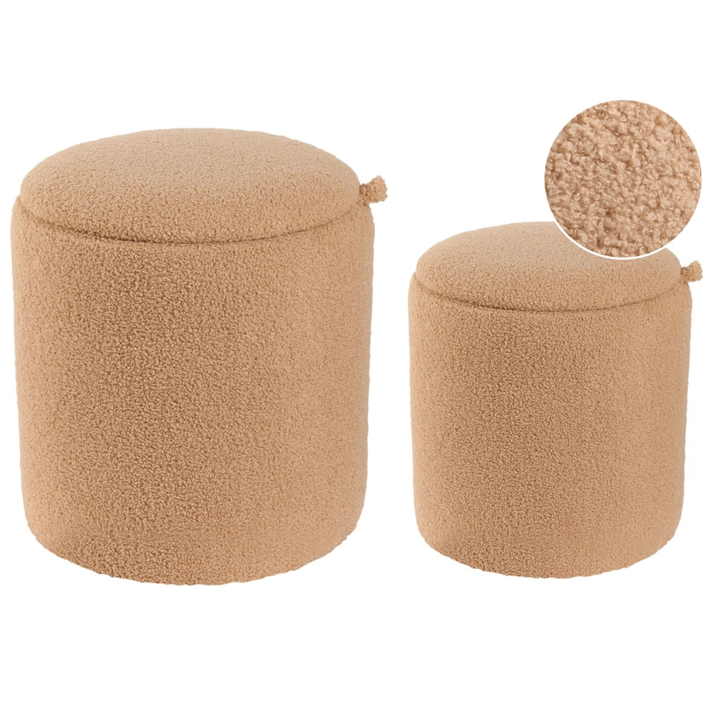 Set di 2 pouf con contenitore Boucle Marrone chiaro Tessuto Teddy Rotondo Pouf imbottiti  Moderno