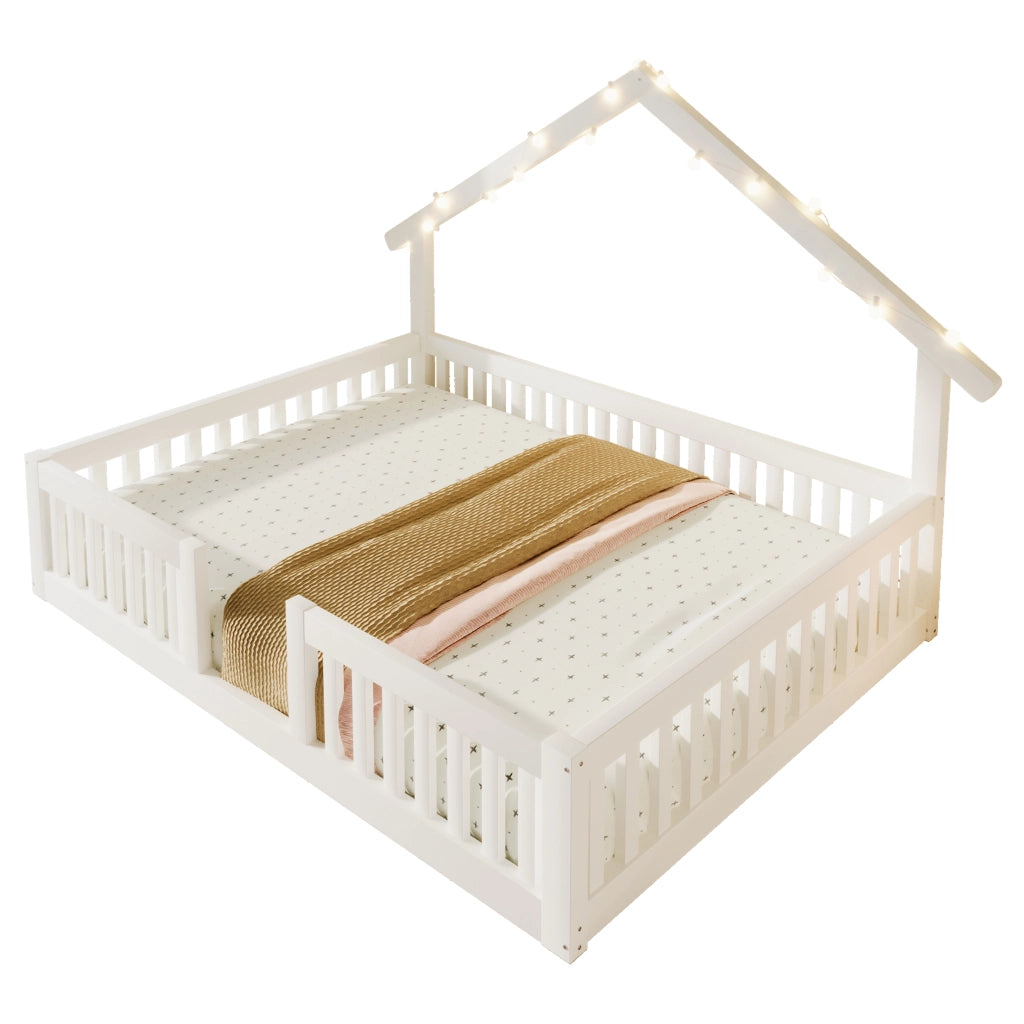 Letto a casetta per bambini 140x200 cm con barriera di sicurezza e luci LED, bianco