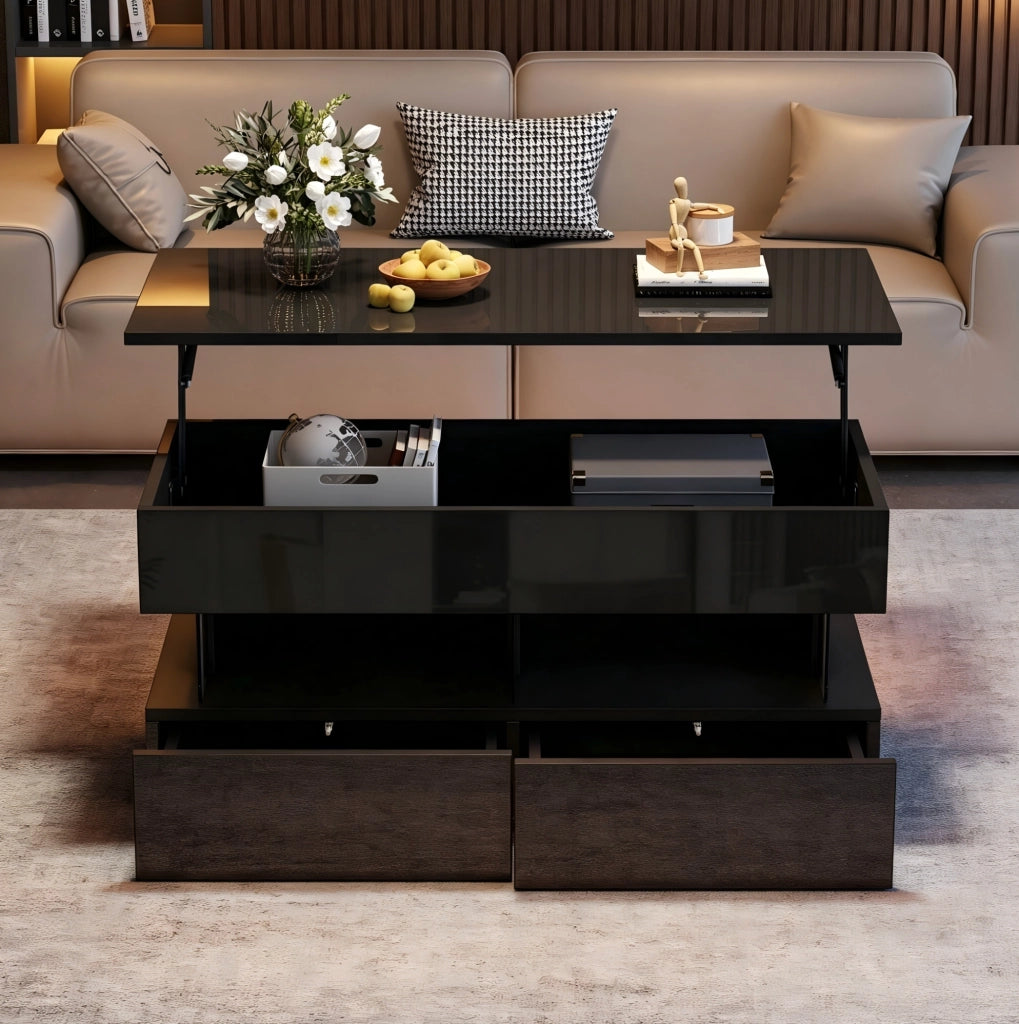 Tavolino da caffè elevabile 100 x 50 x 46 cm nero in MDF con LED e 2 cassetti