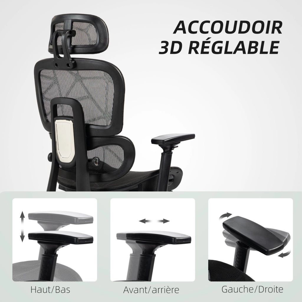 Sedia da ufficio ergonomica in rete con braccioli 3D, schienale reclinabile ¨C zephmum ¨C nero, 66x64x122 cm