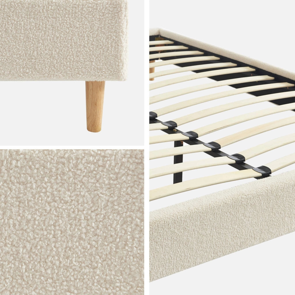 Struttura letto con rete a doghe, finitura bouclé, bianco, bianco