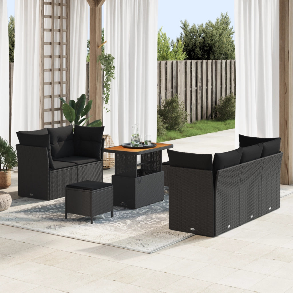 Set Divani Giardino Cuscini 8 Pezzi  Nero Polyrattan Acacia
