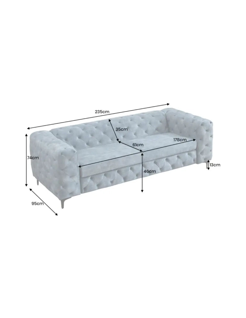 Divano dritto VELENA 3 posti in velluto trapuntato - Blu - 235 x 74 x 95 cm