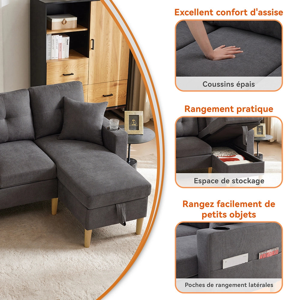 Divano L - Xylo - 3 posti con chaise longue porta-bicchieri