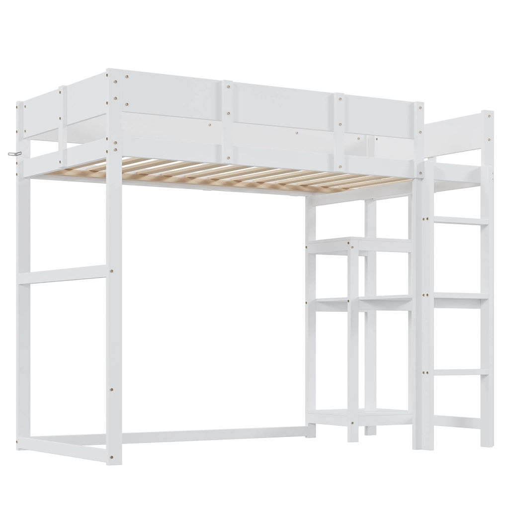 Letto a Soppalco Singolo con Scaffale e Sponde 90 × 200 cm; senza Materasso; in Legno; Bianco