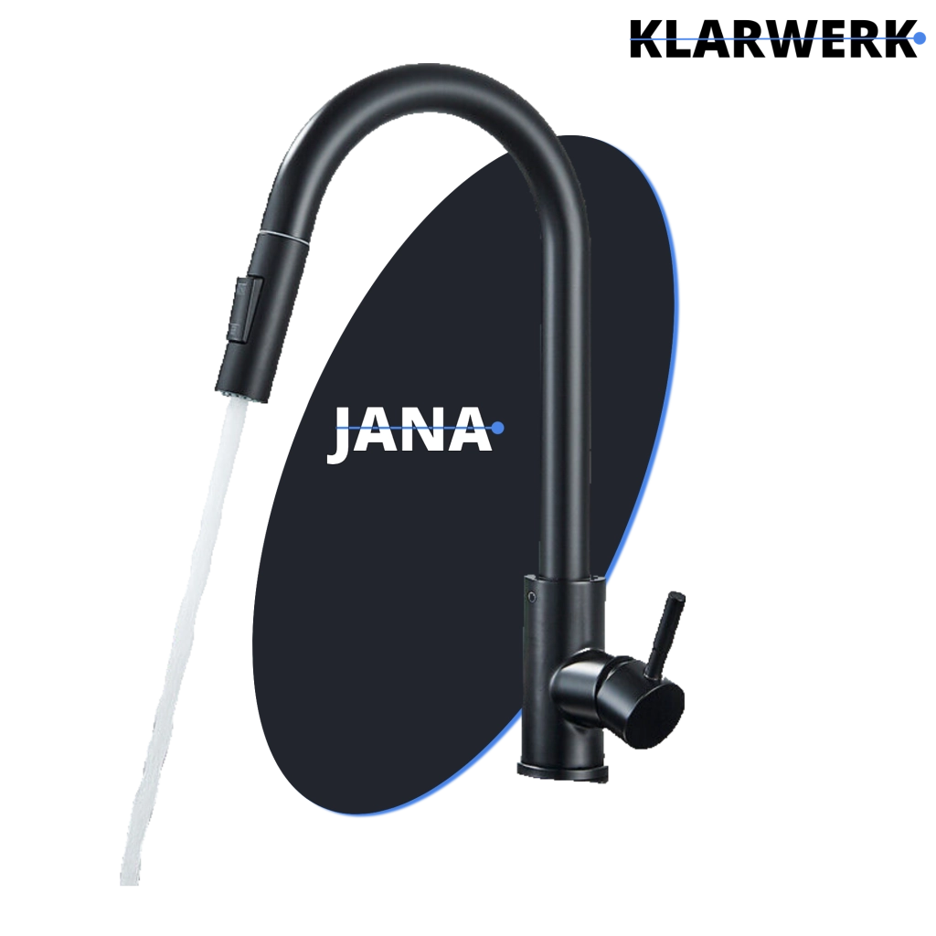 JANA | Rubinetto da cucina estraibile Premium in acciaio inox nero opaco miscelatore arco alto |gastronomia alta pressione ruotabile a 360° 2 attacchi