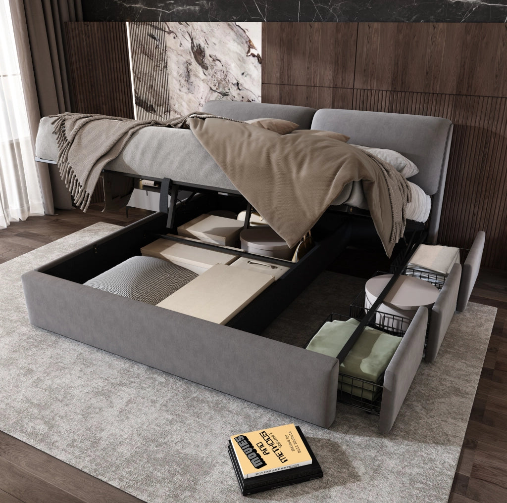 Letto imbottito 180x200 cm in velluto grigio con contenitore