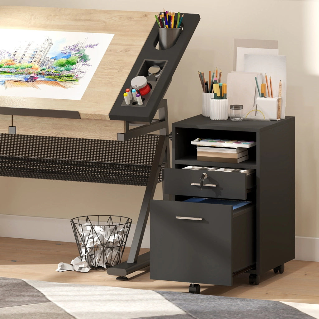 Cassettiera da Ufficio in Legno con 2 Cassetti e Ripiano ¨C ZephMum ¨C 39x40x65 cm, Nero