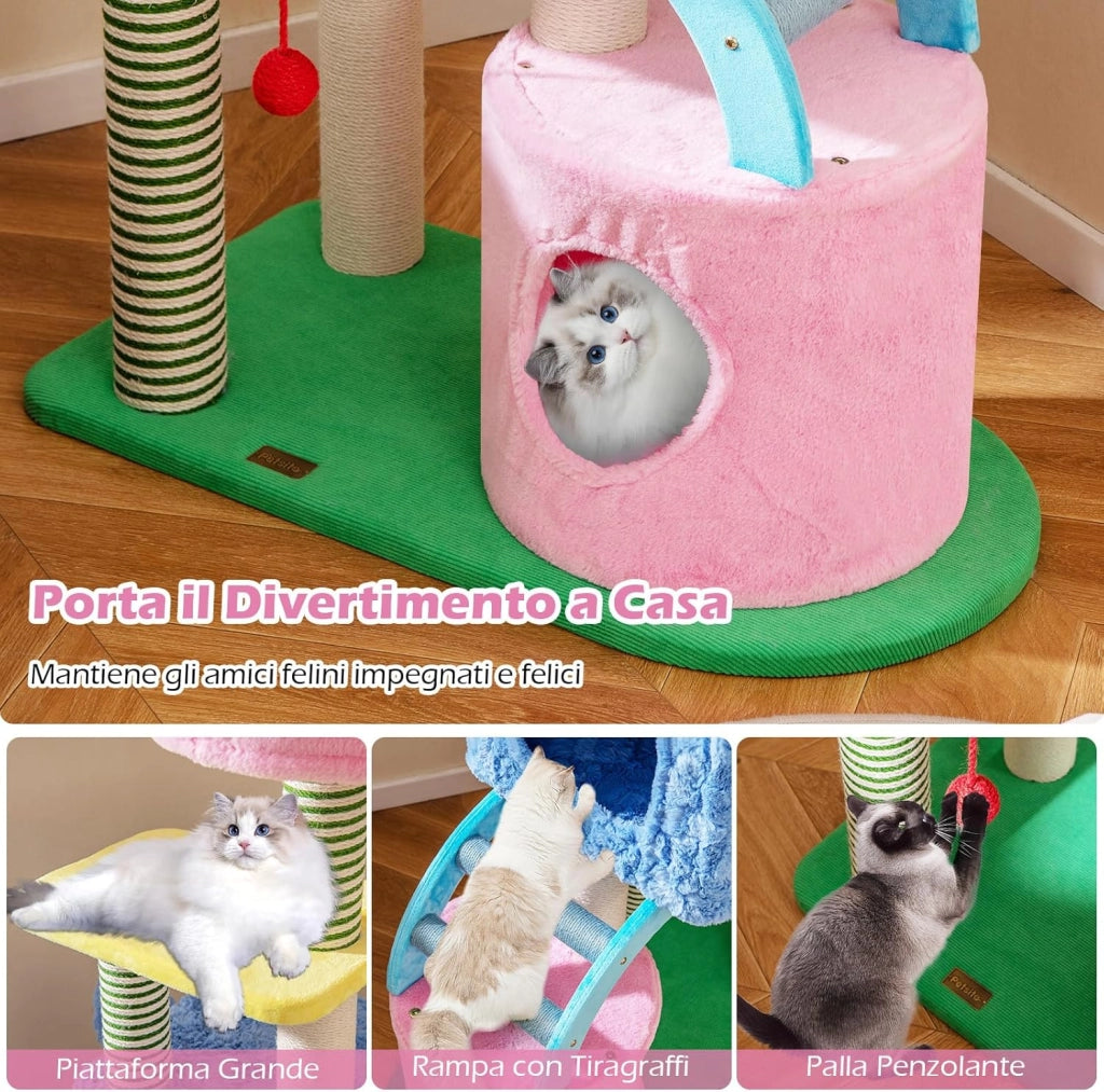 Albero per Gatti a Tema Elefante, Albero Tiragraffi per Gatti con Condomini, Ripiano Imbottito, Pali da Graffiare, Giocattolo in Peluche, Piattaforme e Cuscino Rimovibile, Cat Tree per Interno