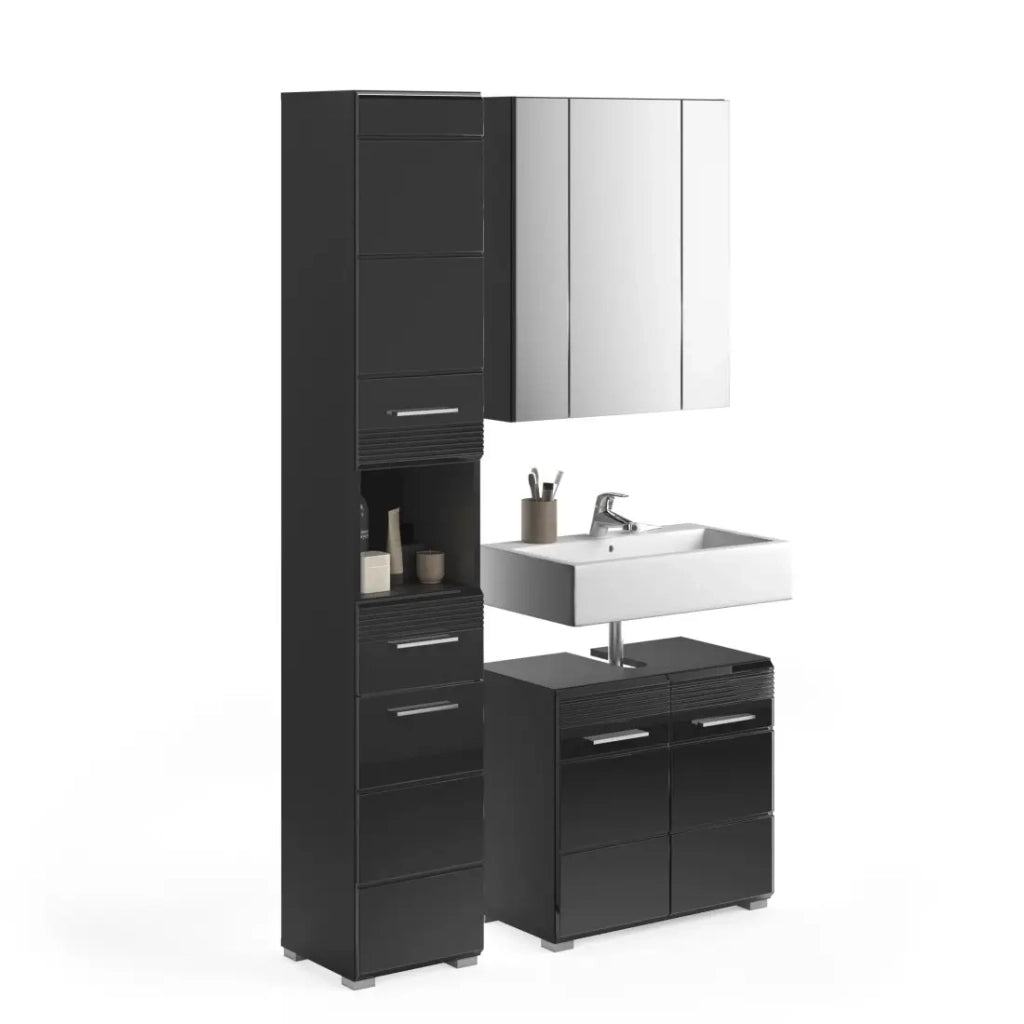Set di mobili per bagno: Mobile sotto lavabo + colonna bagno + Mobiletto con specchi - Nero