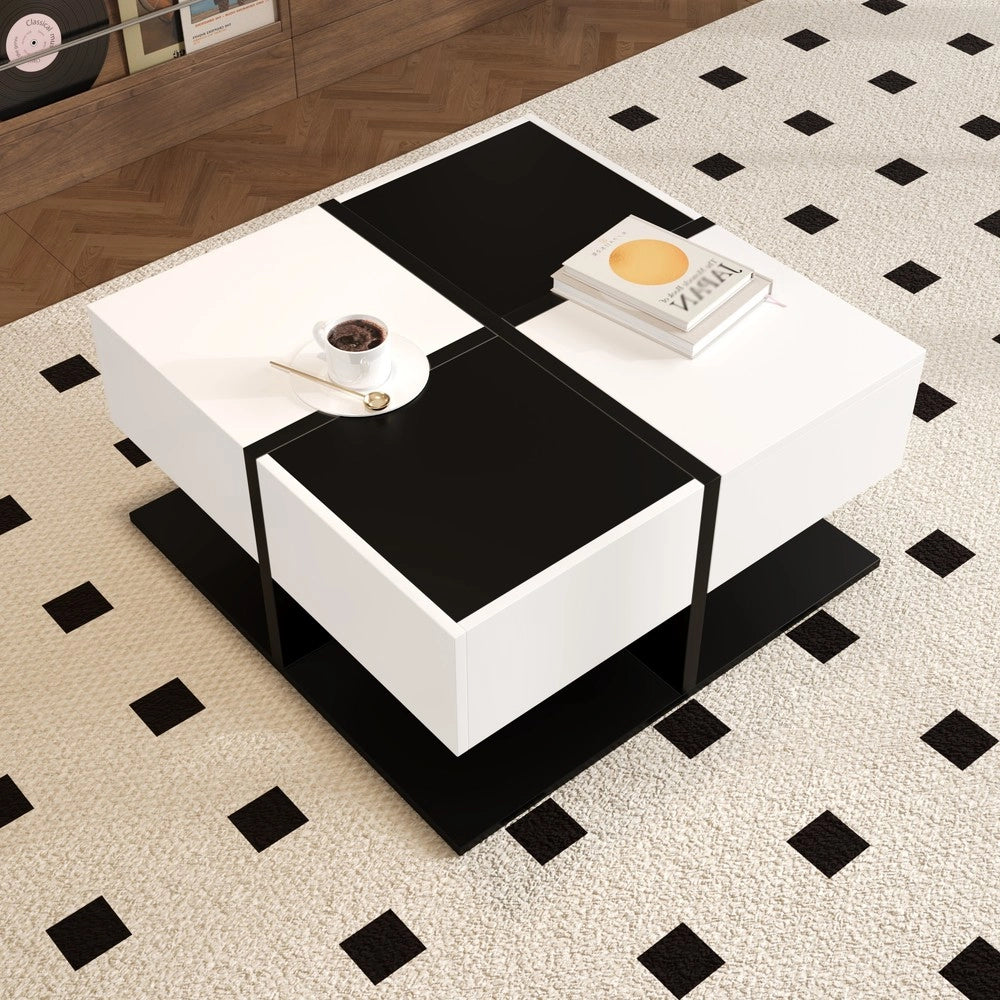 Tavolino da Caff¨¨ Quadrato con 2 Cassetti ¨C MINIMAL ¨C Nero/Bianco Lucido, 70x70x35,5 cm