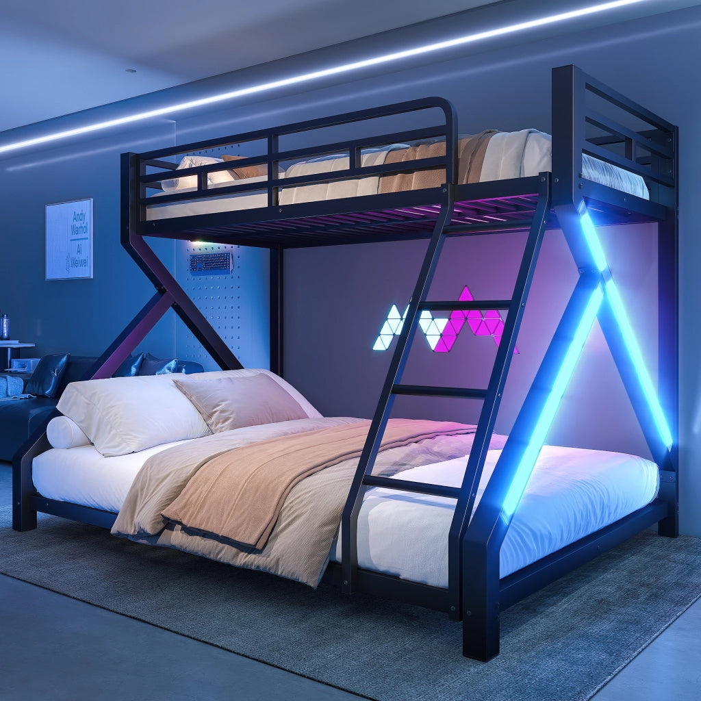 Letto a Castello 90x200 cm e 140x200 cm; LED e Scala - in Metallo - Nero