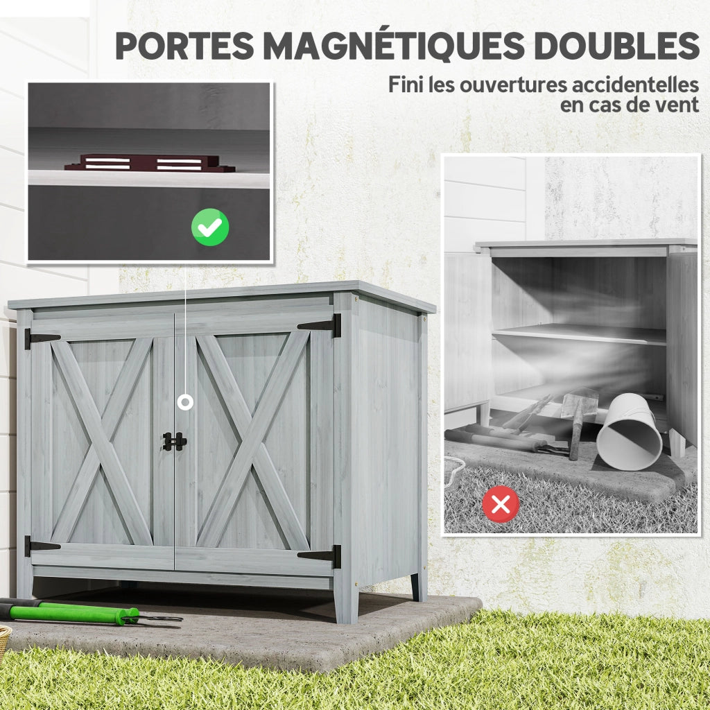 Armadio da giardino in legno con ripiani e doppie ante ¨C zephmum ¨C 110x60x88.5 cm grigio chiaro