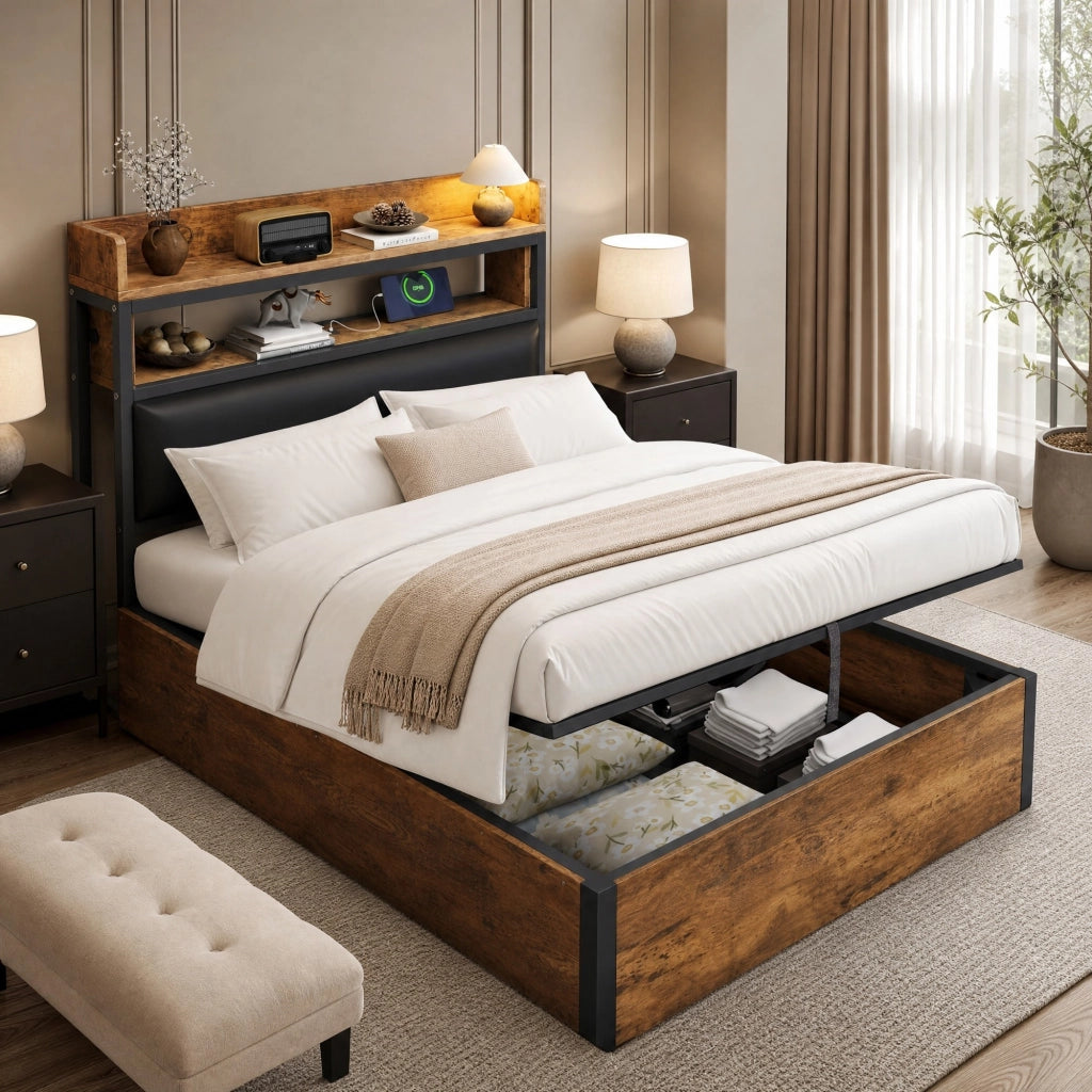 LETTO Contenitore 90x200 cm Nero con meccanismo idraulico e USB
