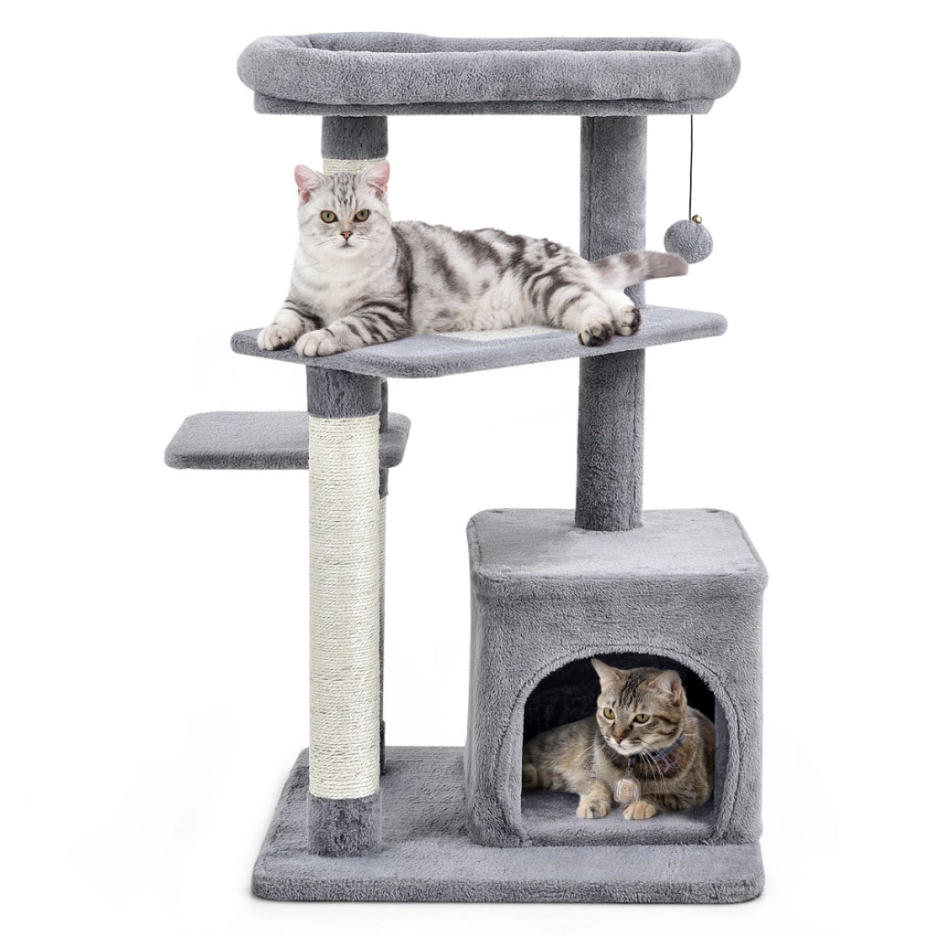 Albero per gatti a 4 piani con tiragraffi e pallina di peluche, Torre per gatti con piattaforma per saltare Grigio