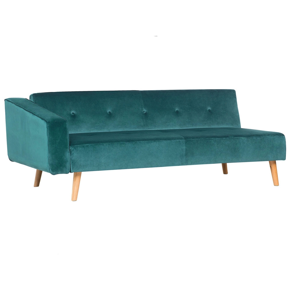 Divano letto ad angolo con 3 cuscini Rivestimento in velluto verde Gambe in legno chiaro Chaise longue reclinabile versione sinistra a 4 posti