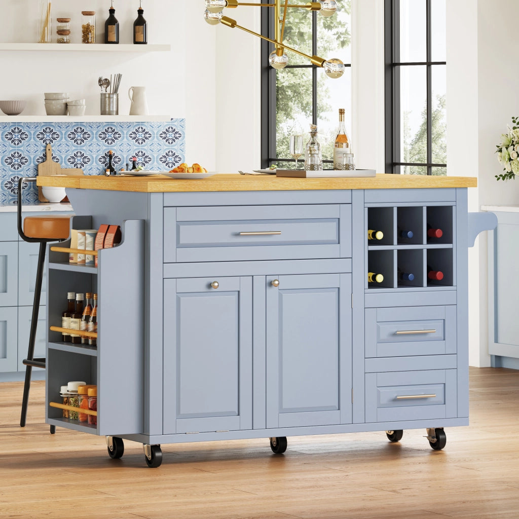Carrello da cucina blu con piano pieghevole e portabottiglie