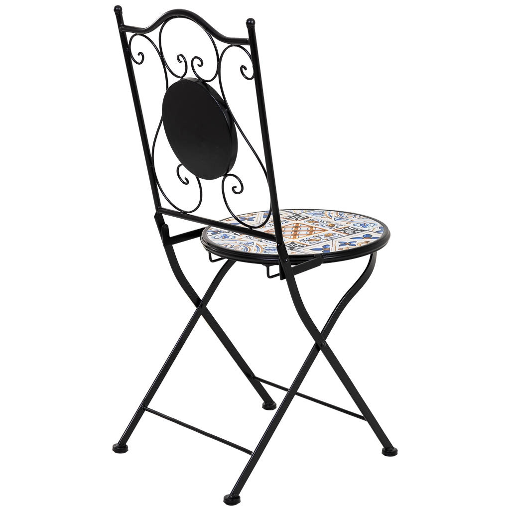 Set tavolo e due sedie in mosaico nero e ferro battuto tavolo: D60x75h - sedia (2): D38x46-90h